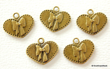 5 x Zinc Alloy Bronze Heart Bow Charms
